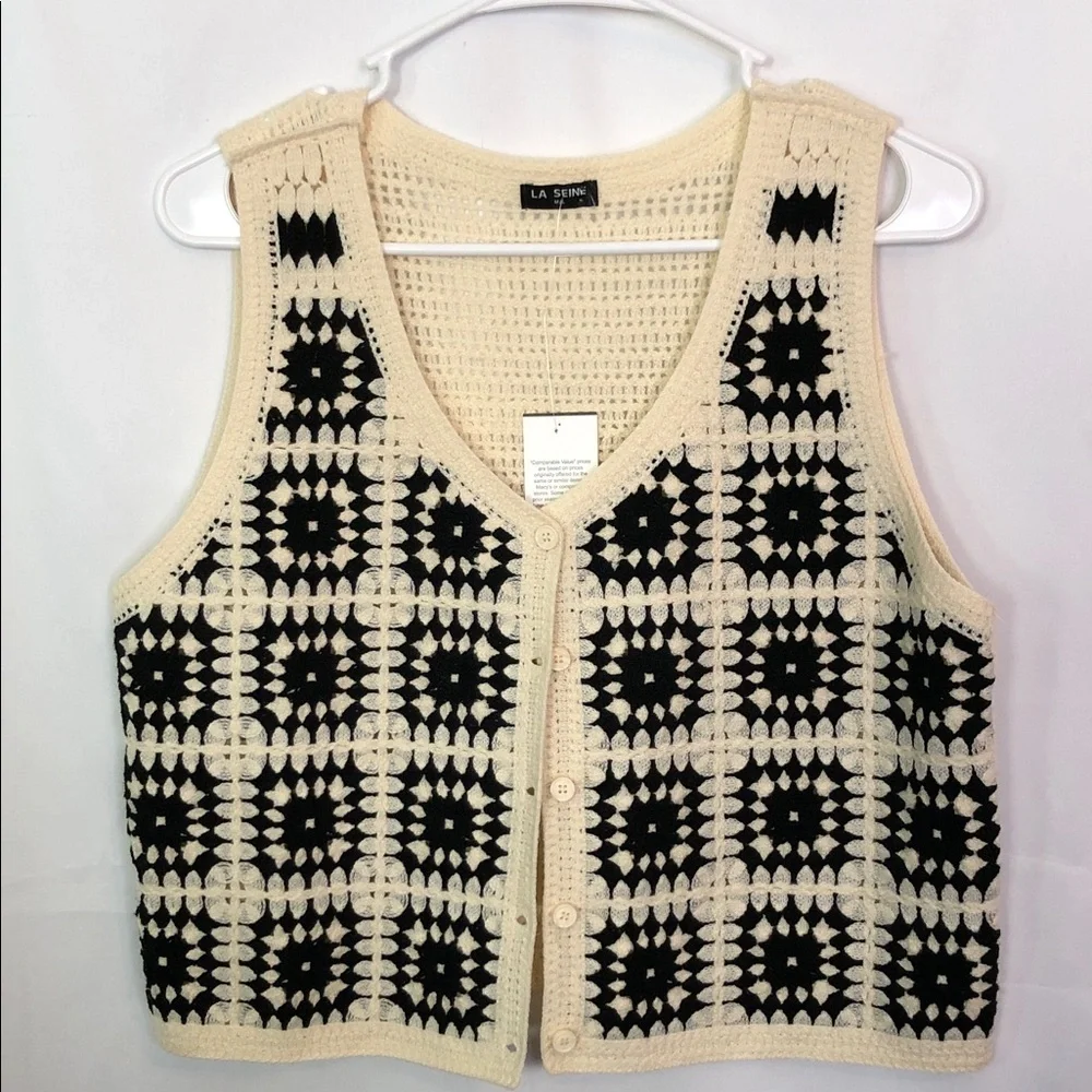 LA SEINE Black and Cream Crochet Vest  Size M/L